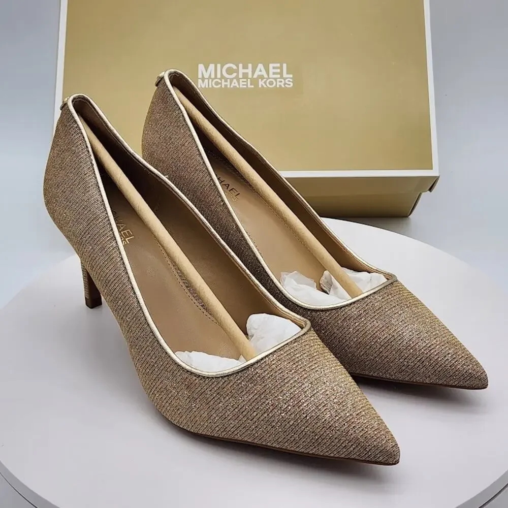 NEW Michael Kors Alina Flex Pump Pale Gold Glitter Chain Mesh Heels Size 5.5M